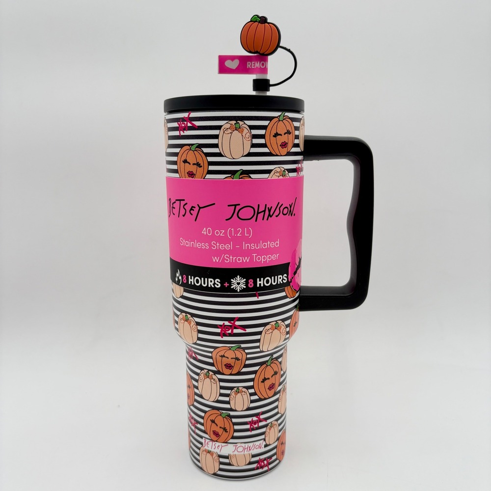 Betsey Johnson 40 oz Insulated Tumbler with Straw Topper Pumpkin Halloween Mug